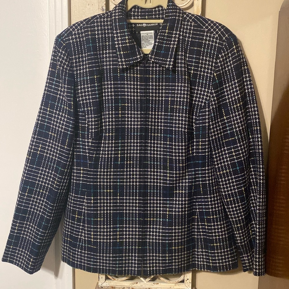 Tweed jacket, Size 16, hideaway front zip, black w white, gold, blue threads.